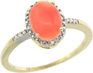 10K Yellow Gold Diamond Natural Coral Ring Oval 8x6mm, sizes 5-10