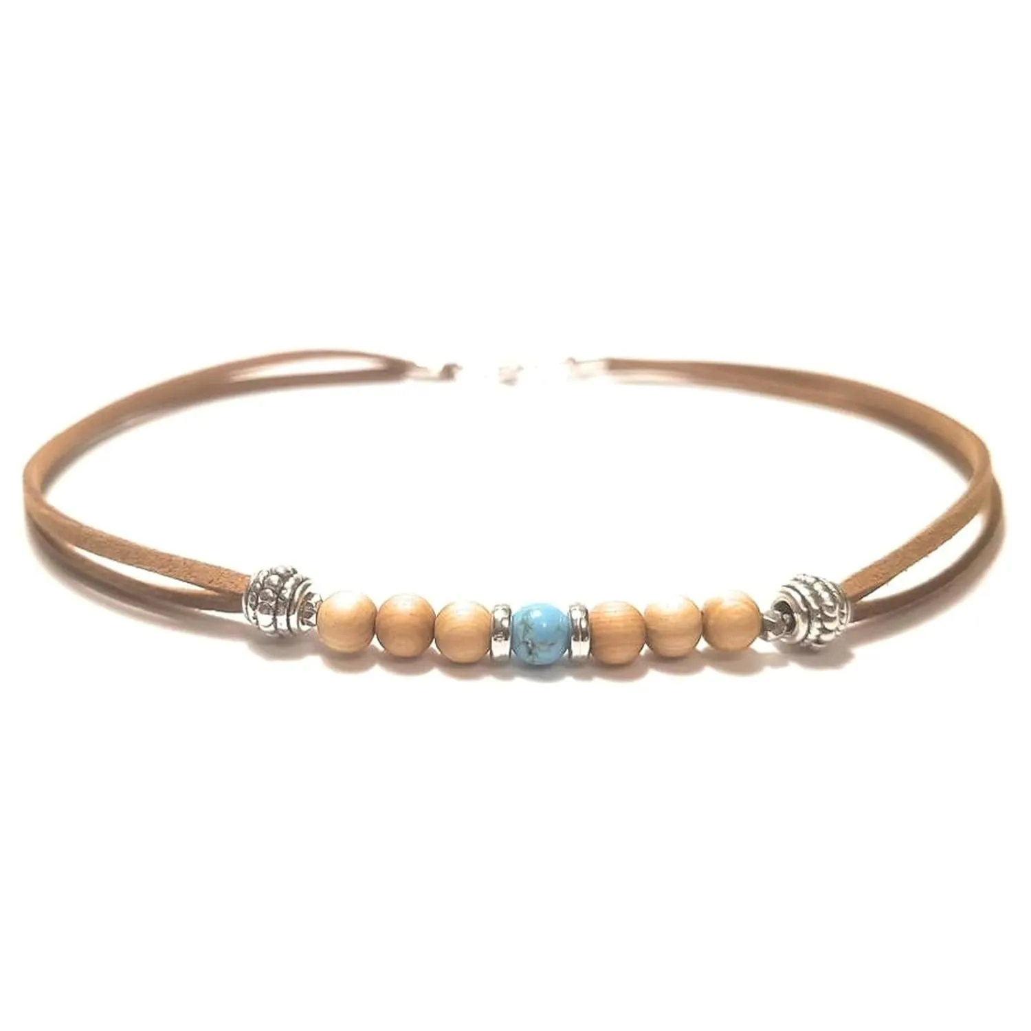 12 Inch Blue Turquoise Wood Bead Leather Micro Suede Ankle Bracelet Gift Boxed Boho Casual Anklet Swim Jewelry Gift Boxed