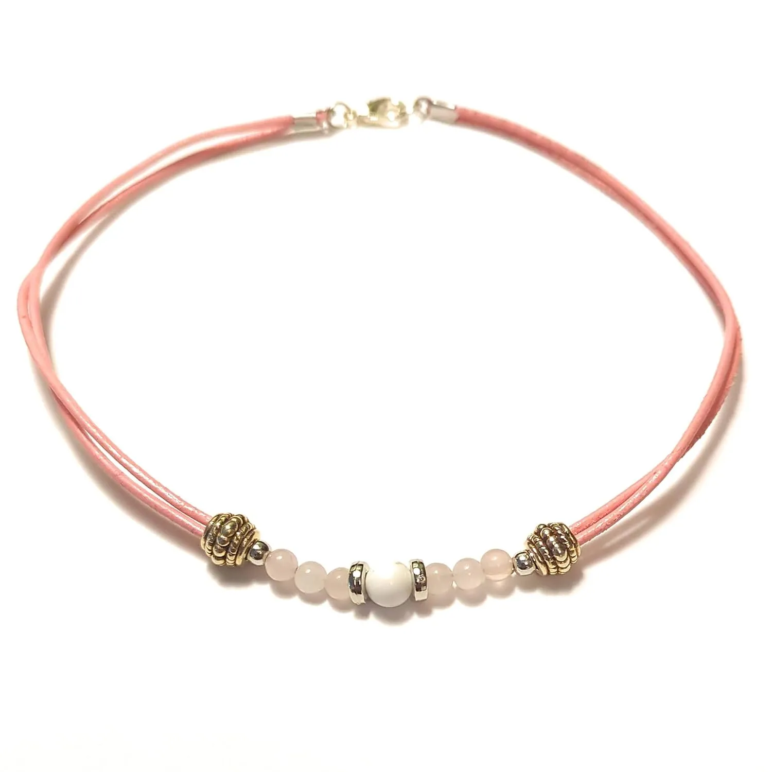 12 Inch Rose Quartz White Howlite Pink Deerskin Leather Ankle Bracelet Swim Tolerant Jewelry Gift Boxed Plus Size