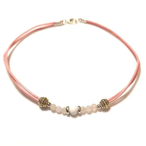 12 Inch Rose Quartz White Howlite Pink Deerskin Leather Ankle Bracelet Swim Tolerant Jewelry Gift Boxed Plus Size