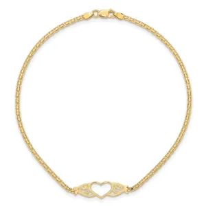 14k Real Yellow Gold High Polished Heart Charm Anklet, 10"