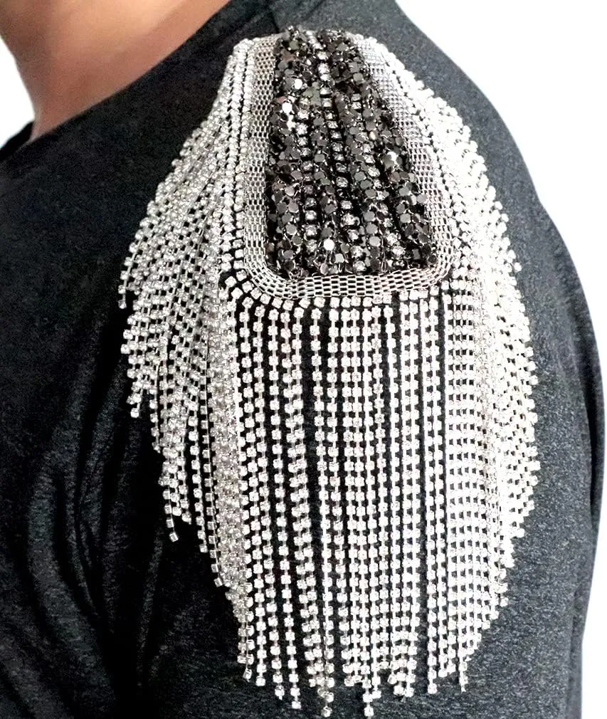 2 pcs Chain Tassel Rhinestone Epaulette Crystal Shoulder Epaulet Spirk Shoulder Badge Brooch Pin For Blazer Punk suit coat