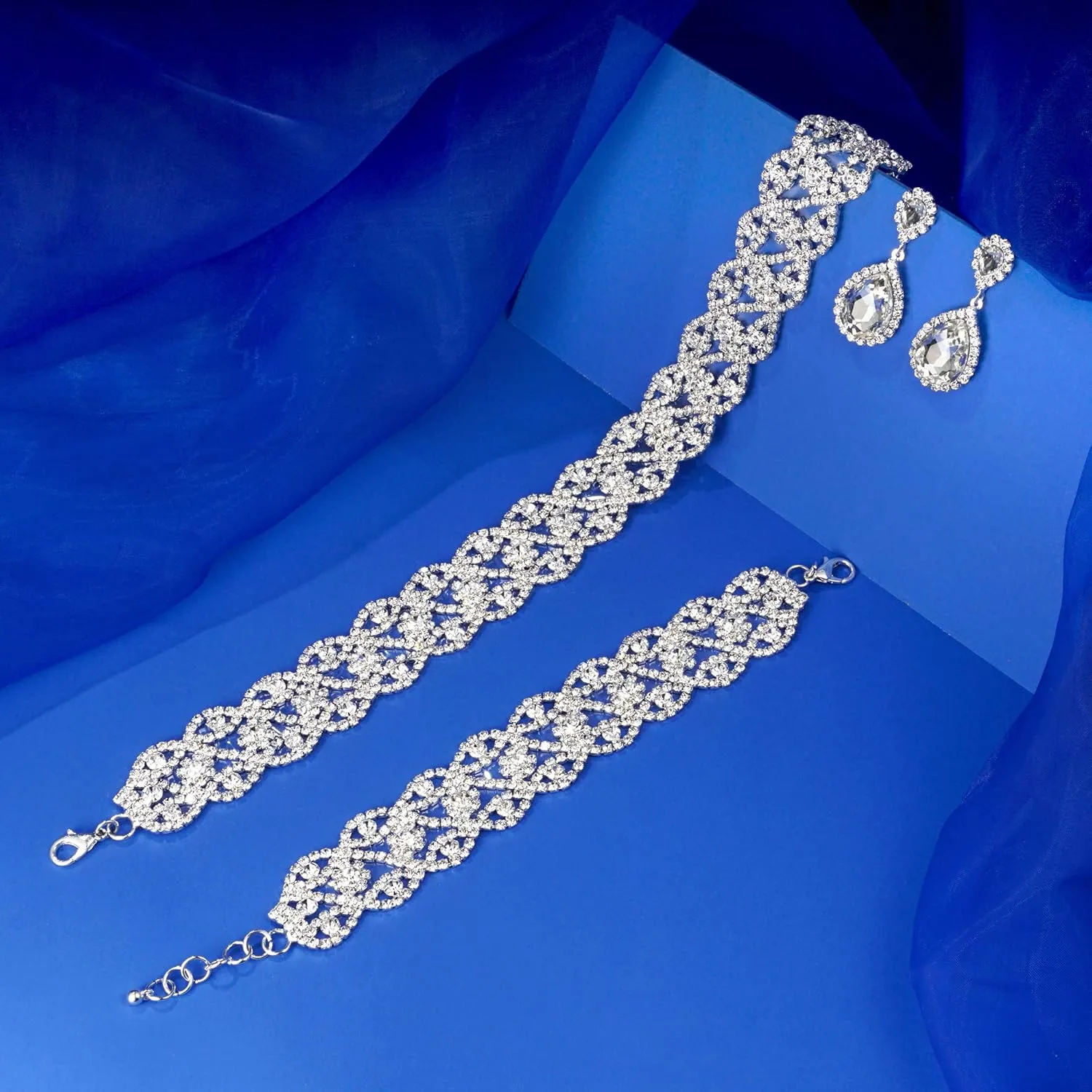 3/4 Pieces Women Jewelry Set Rhinestone Crystal Bride Statement Choker Necklace Tiara Crown Link Bangle Bracelet Teardrop Dangle Earrings Set