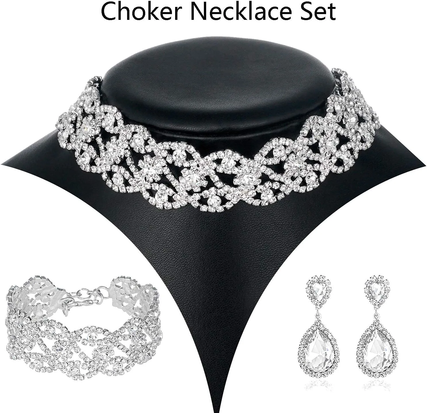 3/4 Pieces Women Jewelry Set Rhinestone Crystal Bride Statement Choker Necklace Tiara Crown Link Bangle Bracelet Teardrop Dangle Earrings Set