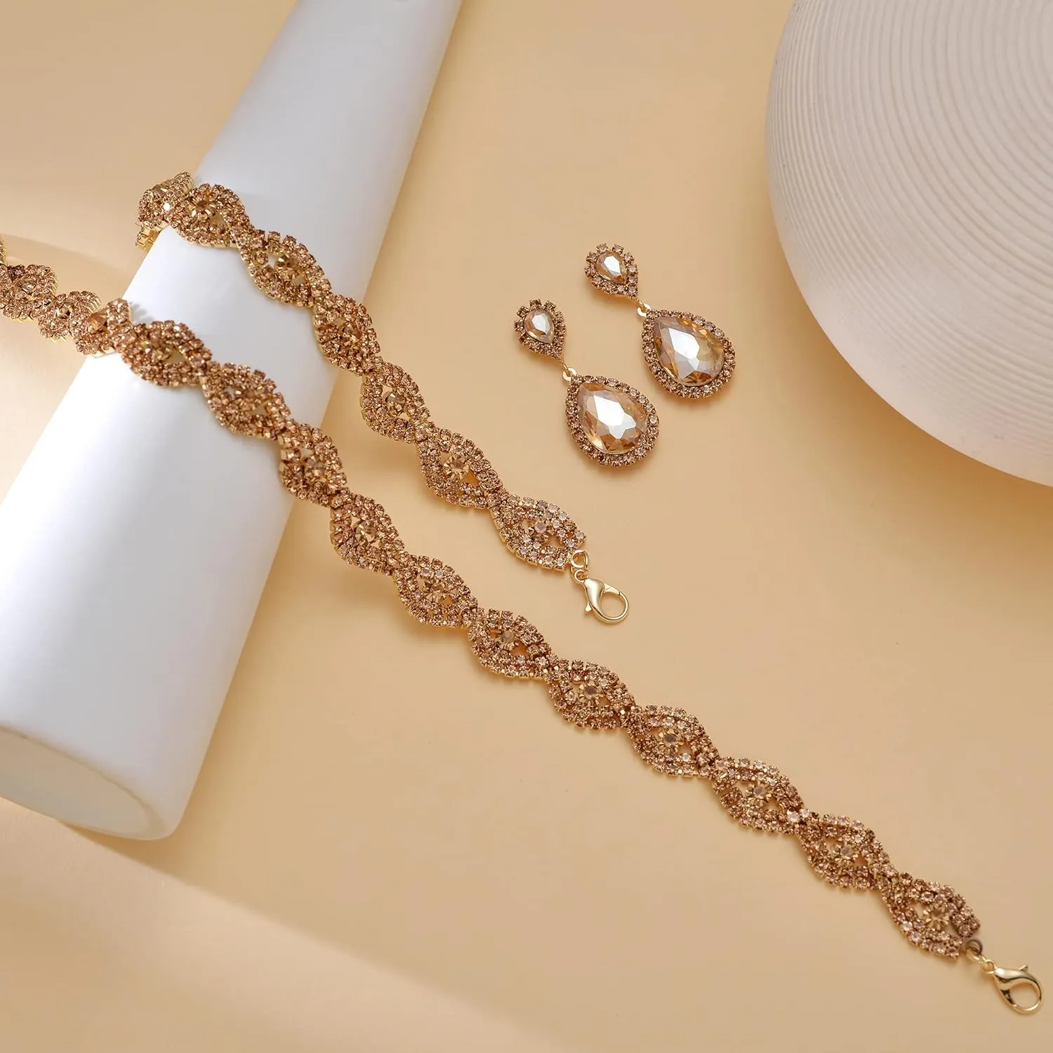 3/4 Pieces Women Jewelry Set Rhinestone Crystal Bride Statement Choker Necklace Tiara Crown Link Bangle Bracelet Teardrop Dangle Earrings Set