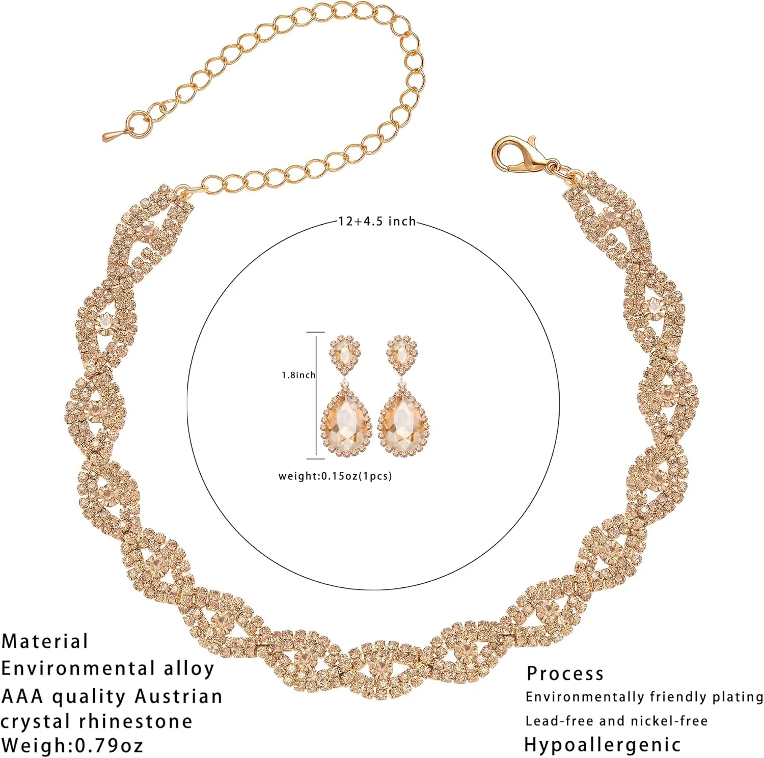 3/4 Pieces Women Jewelry Set Rhinestone Crystal Bride Statement Choker Necklace Tiara Crown Link Bangle Bracelet Teardrop Dangle Earrings Set