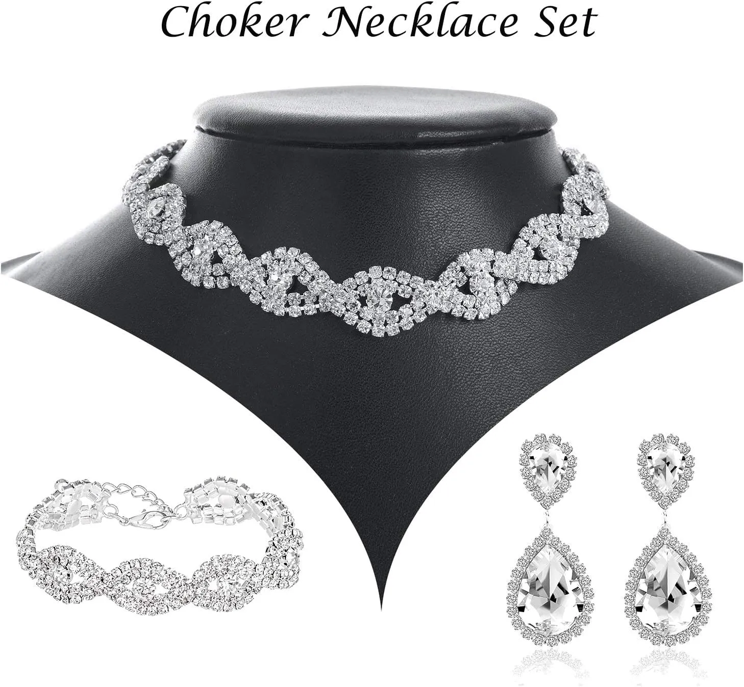 3/4 Pieces Women Jewelry Set Rhinestone Crystal Bride Statement Choker Necklace Tiara Crown Link Bangle Bracelet Teardrop Dangle Earrings Set