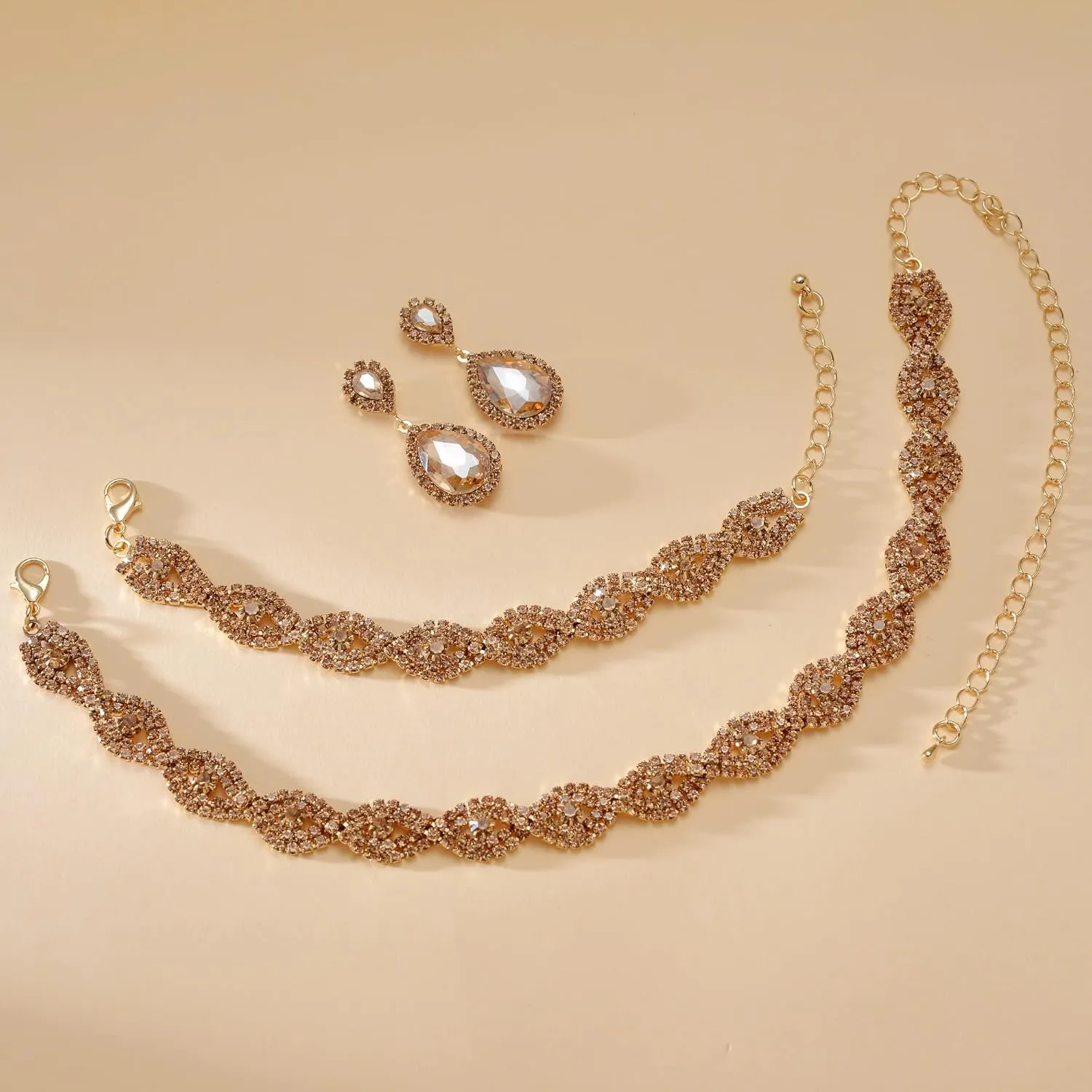3/4 Pieces Women Jewelry Set Rhinestone Crystal Bride Statement Choker Necklace Tiara Crown Link Bangle Bracelet Teardrop Dangle Earrings Set
