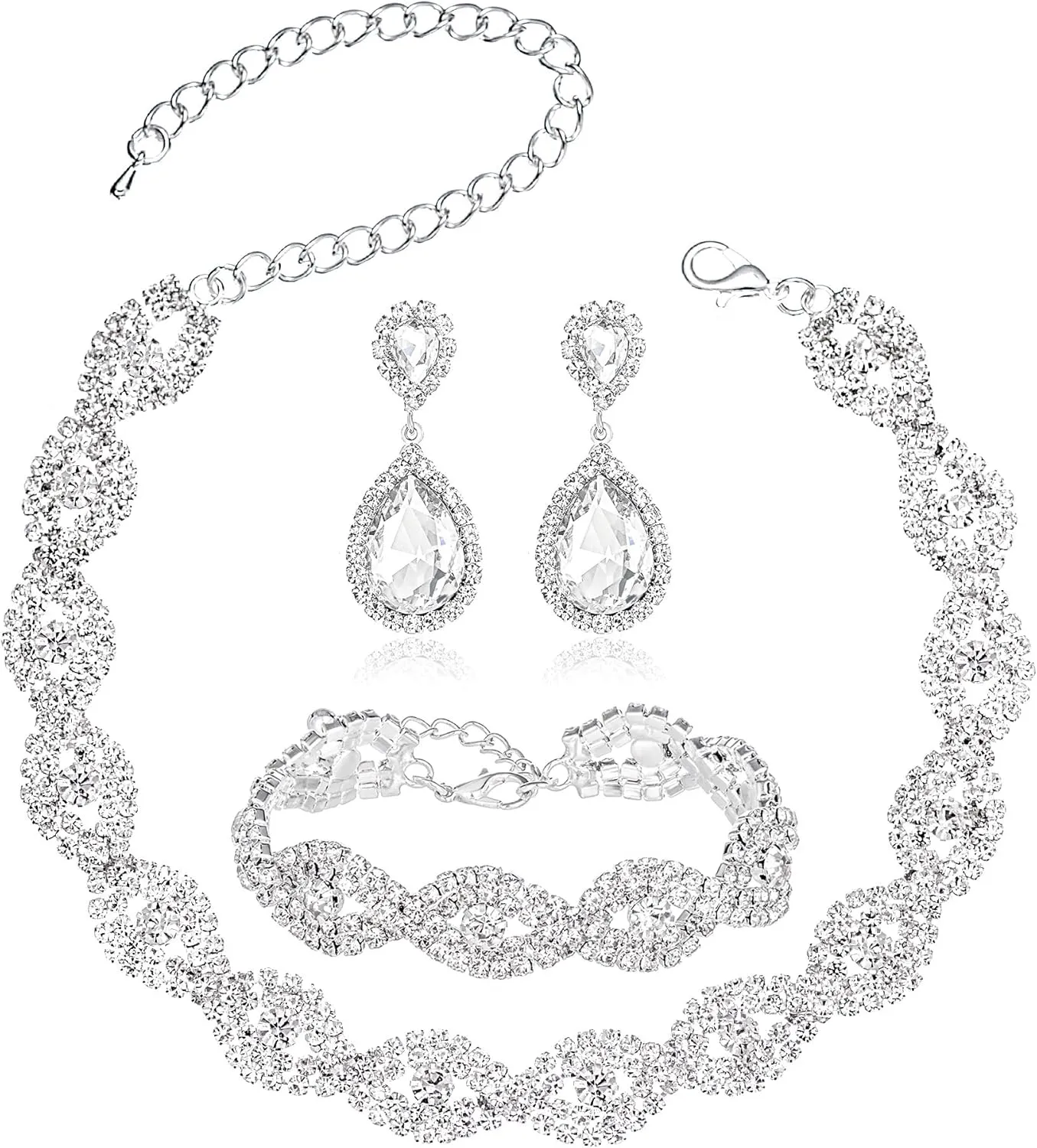 3/4 Pieces Women Jewelry Set Rhinestone Crystal Bride Statement Choker Necklace Tiara Crown Link Bangle Bracelet Teardrop Dangle Earrings Set