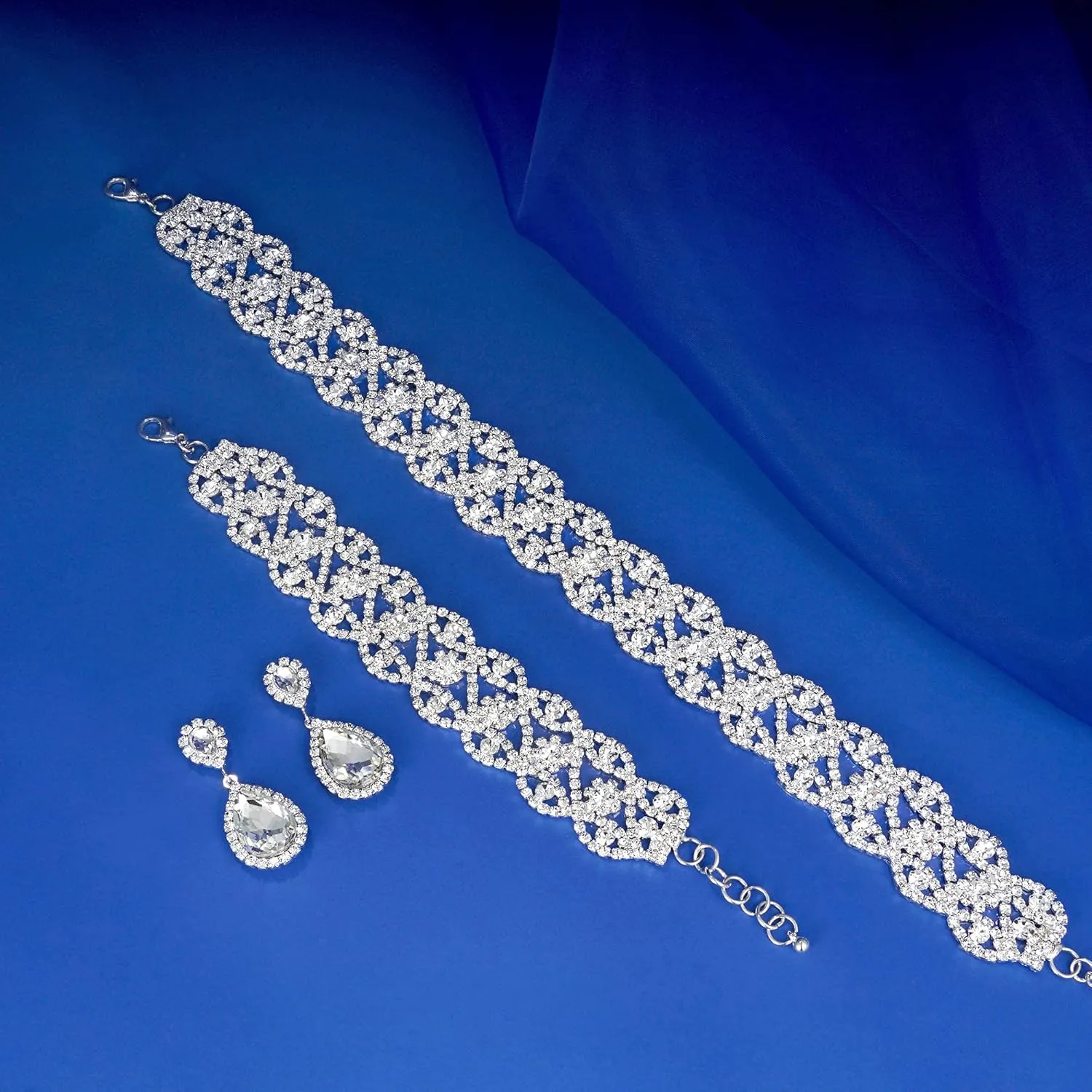 3/4 Pieces Women Jewelry Set Rhinestone Crystal Bride Statement Choker Necklace Tiara Crown Link Bangle Bracelet Teardrop Dangle Earrings Set