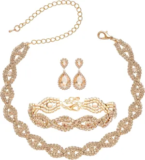 3/4 Pieces Women Jewelry Set Rhinestone Crystal Bride Statement Choker Necklace Tiara Crown Link Bangle Bracelet Teardrop Dangle Earrings Set