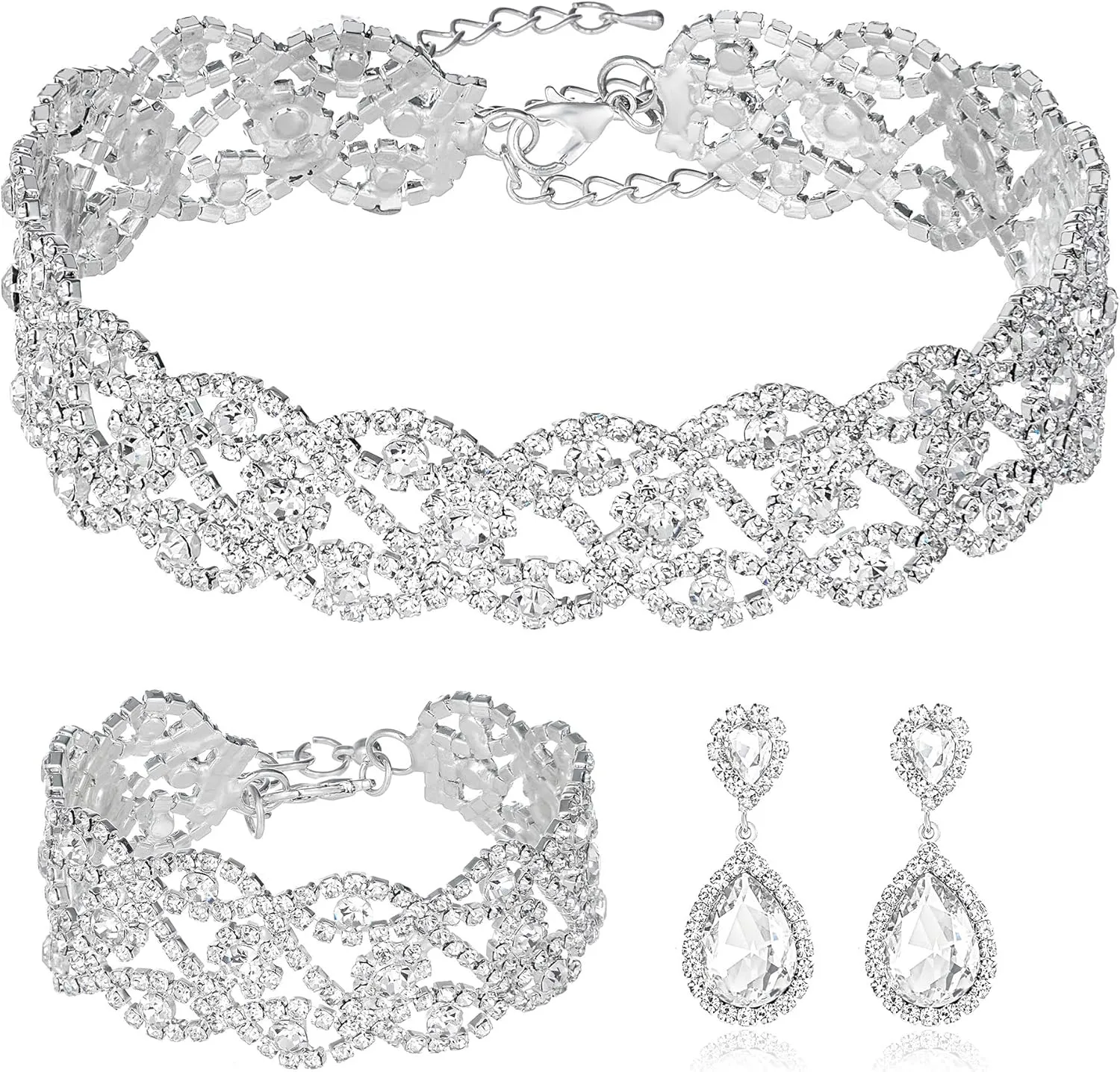 3/4 Pieces Women Jewelry Set Rhinestone Crystal Bride Statement Choker Necklace Tiara Crown Link Bangle Bracelet Teardrop Dangle Earrings Set