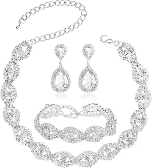 3/4 Pieces Women Jewelry Set Rhinestone Crystal Bride Statement Choker Necklace Tiara Crown Link Bangle Bracelet Teardrop Dangle Earrings Set