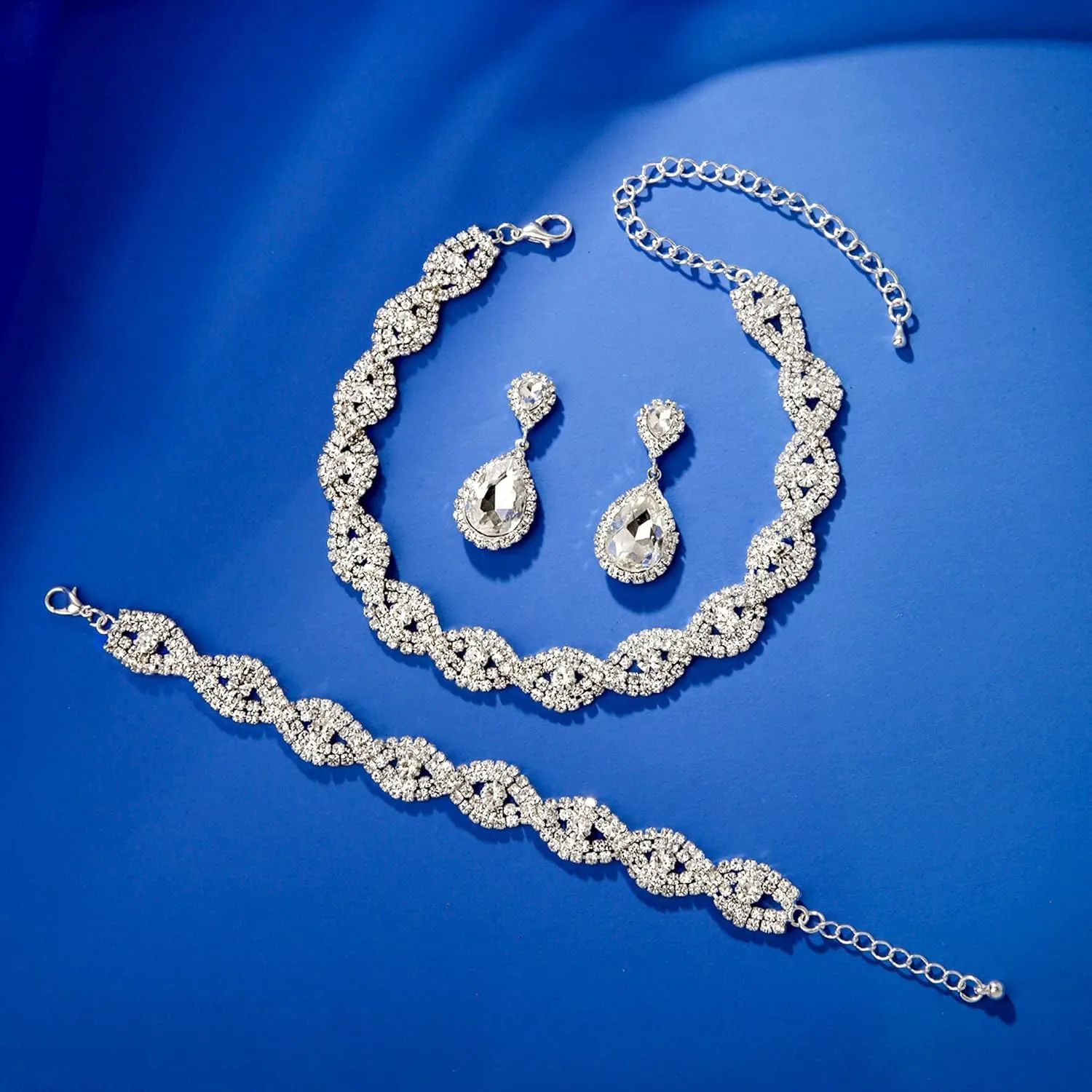 3/4 Pieces Women Jewelry Set Rhinestone Crystal Bride Statement Choker Necklace Tiara Crown Link Bangle Bracelet Teardrop Dangle Earrings Set