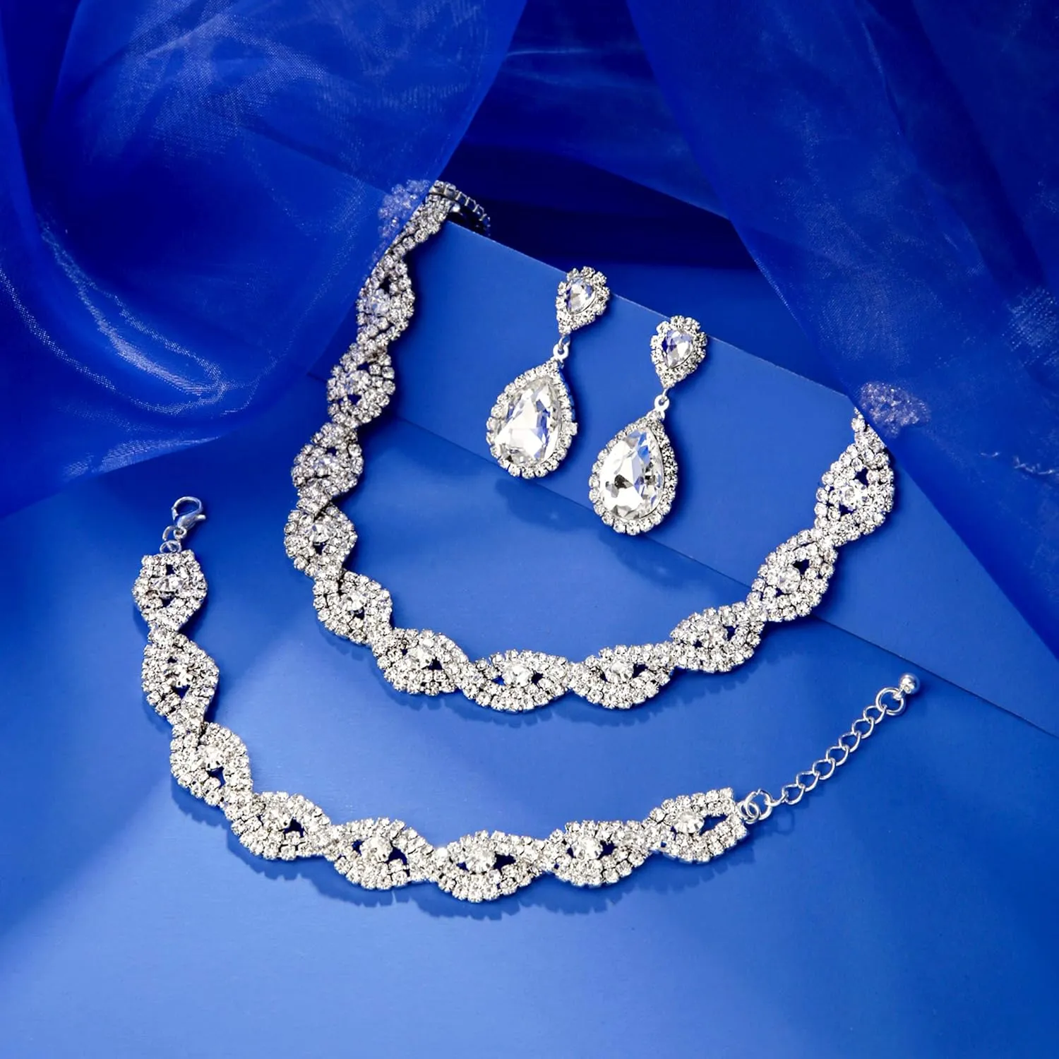 3/4 Pieces Women Jewelry Set Rhinestone Crystal Bride Statement Choker Necklace Tiara Crown Link Bangle Bracelet Teardrop Dangle Earrings Set