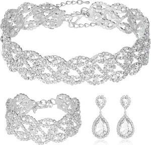 3/4 Pieces Women Jewelry Set Rhinestone Crystal Bride Statement Choker Necklace Tiara Crown Link Bangle Bracelet Teardrop Dangle Earrings Set