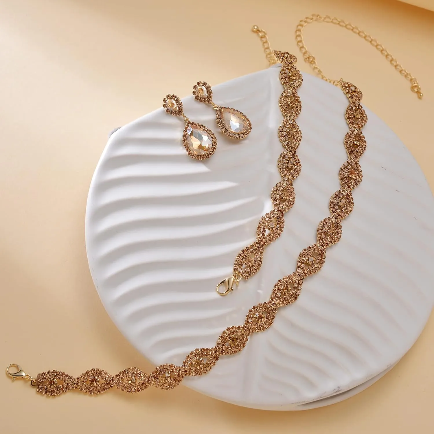 3/4 Pieces Women Jewelry Set Rhinestone Crystal Bride Statement Choker Necklace Tiara Crown Link Bangle Bracelet Teardrop Dangle Earrings Set