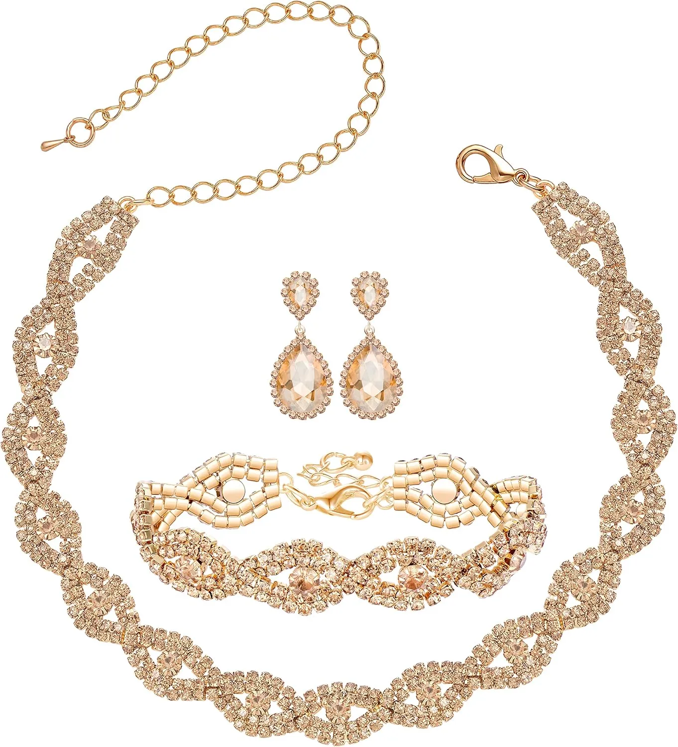 3/4 Pieces Women Jewelry Set Rhinestone Crystal Bride Statement Choker Necklace Tiara Crown Link Bangle Bracelet Teardrop Dangle Earrings Set