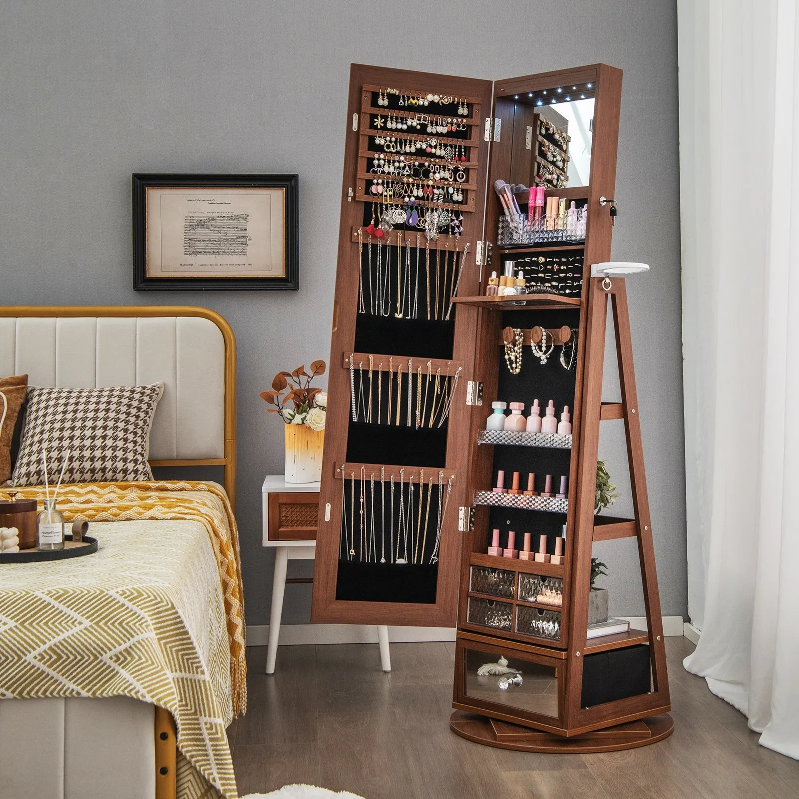 360° Swivel Lockable Jewelry Armoire Cabinet with Full-Length Mirror-Walnut