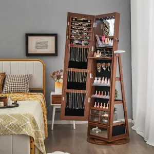 360° Swivel Lockable Jewelry Armoire Cabinet with Full-Length Mirror-Walnut