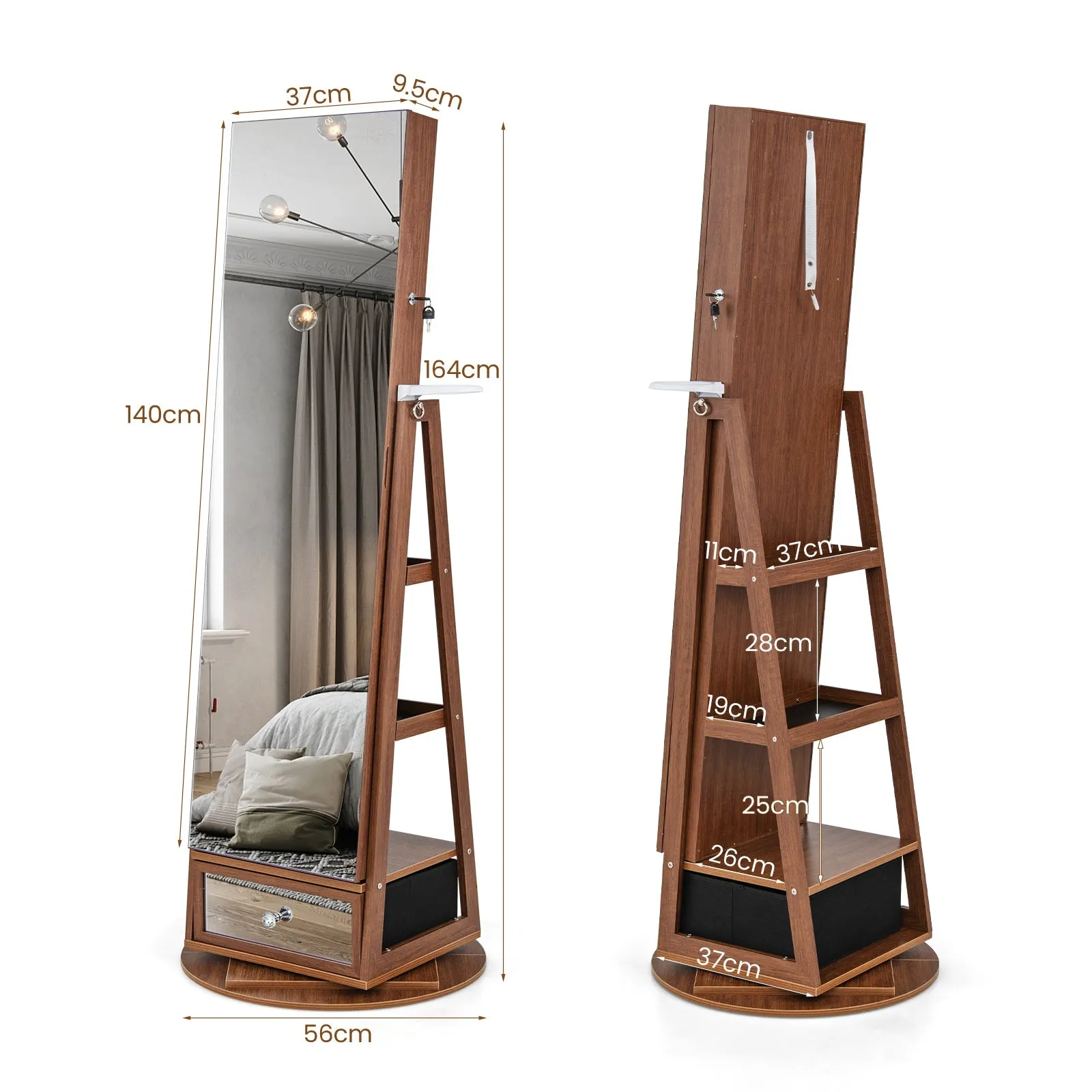 360° Swivel Lockable Jewelry Armoire Cabinet with Full-Length Mirror-Walnut
