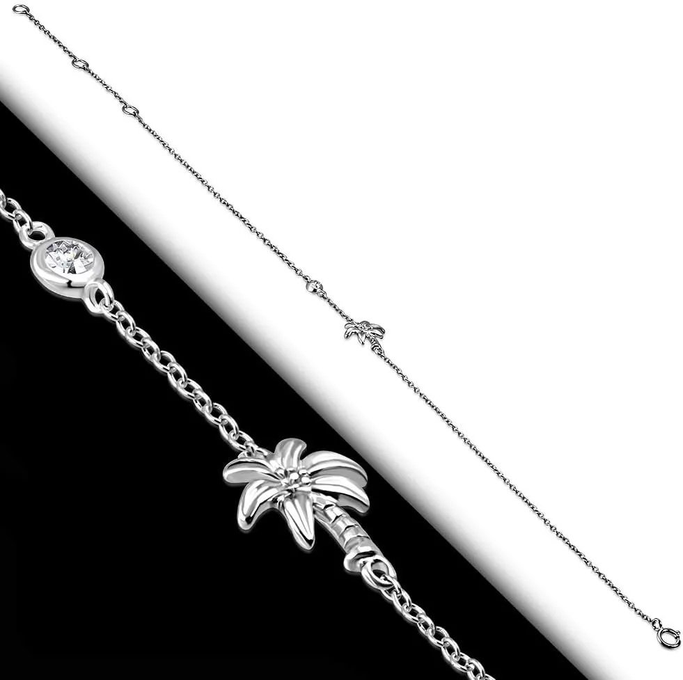 925 Sterling Silver Bezel-Set CZ Palm Tree Womens Link Chain Anklet Bracelet
