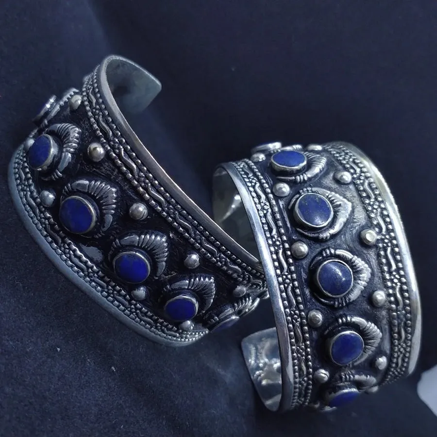 Adjustable Tribal Kuchi Lapis Stone Cuff Bracelet