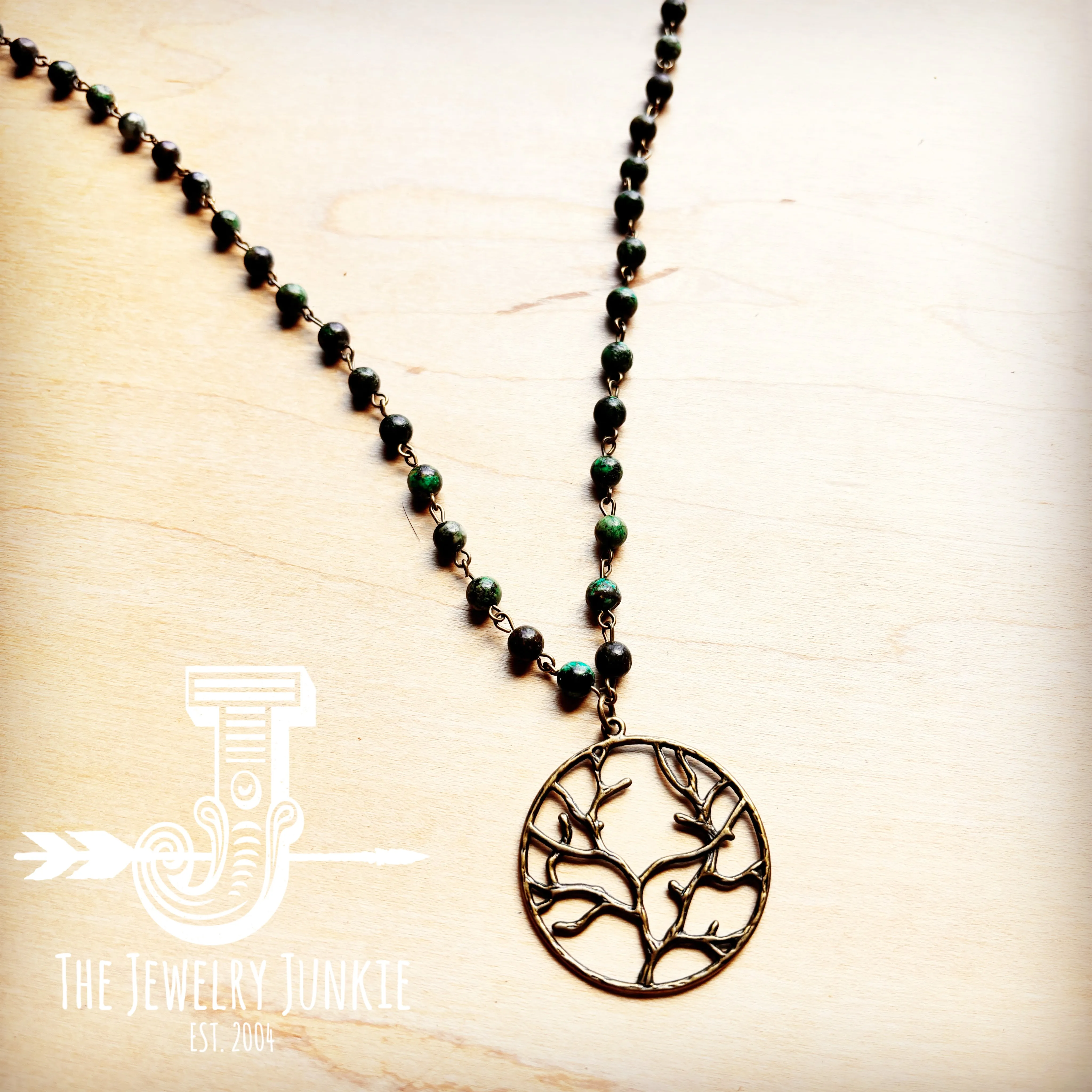 **African Turquoise Beaded Necklace w/ Tree of Life Pendant 257m