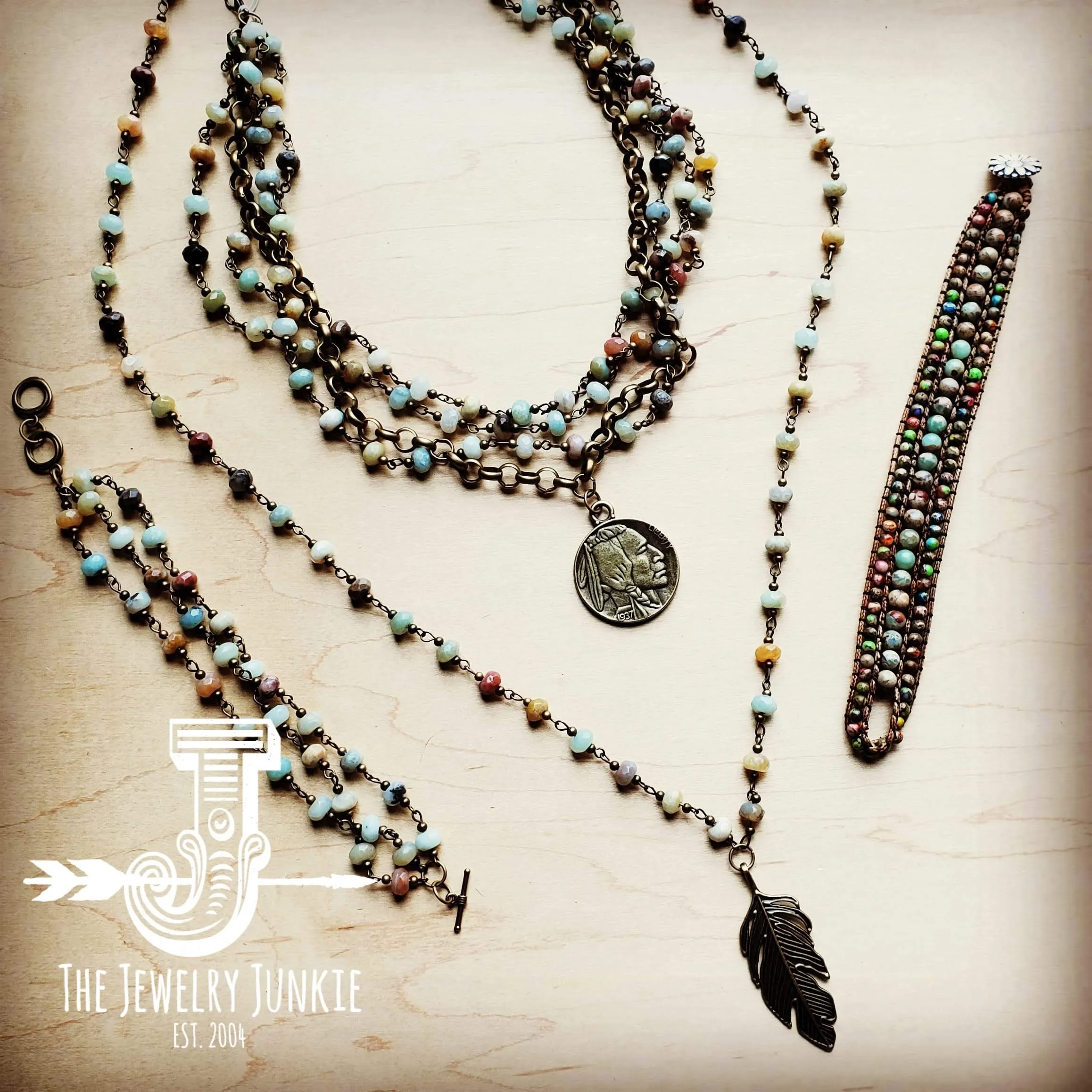 Amazonite Beaded Necklace with Antique Gold Feather 251x