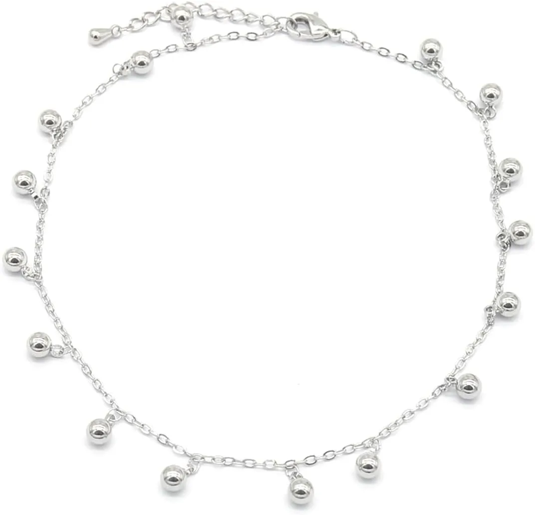 Amy & Annette 14K White Gold Ball Bead Station Anklet - Hypoallergenic, Adjustable, 10 Inches