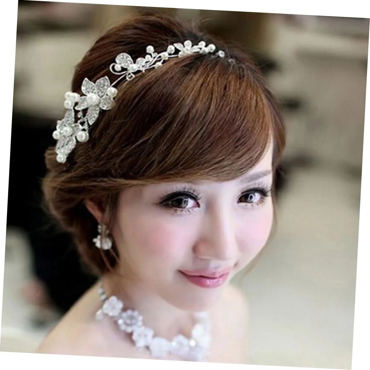 Angoily Pearl Flower Headdress Tiara Crystal Rhinestone Hair Band for Women Elegant Bridal Wedding Party Accessory