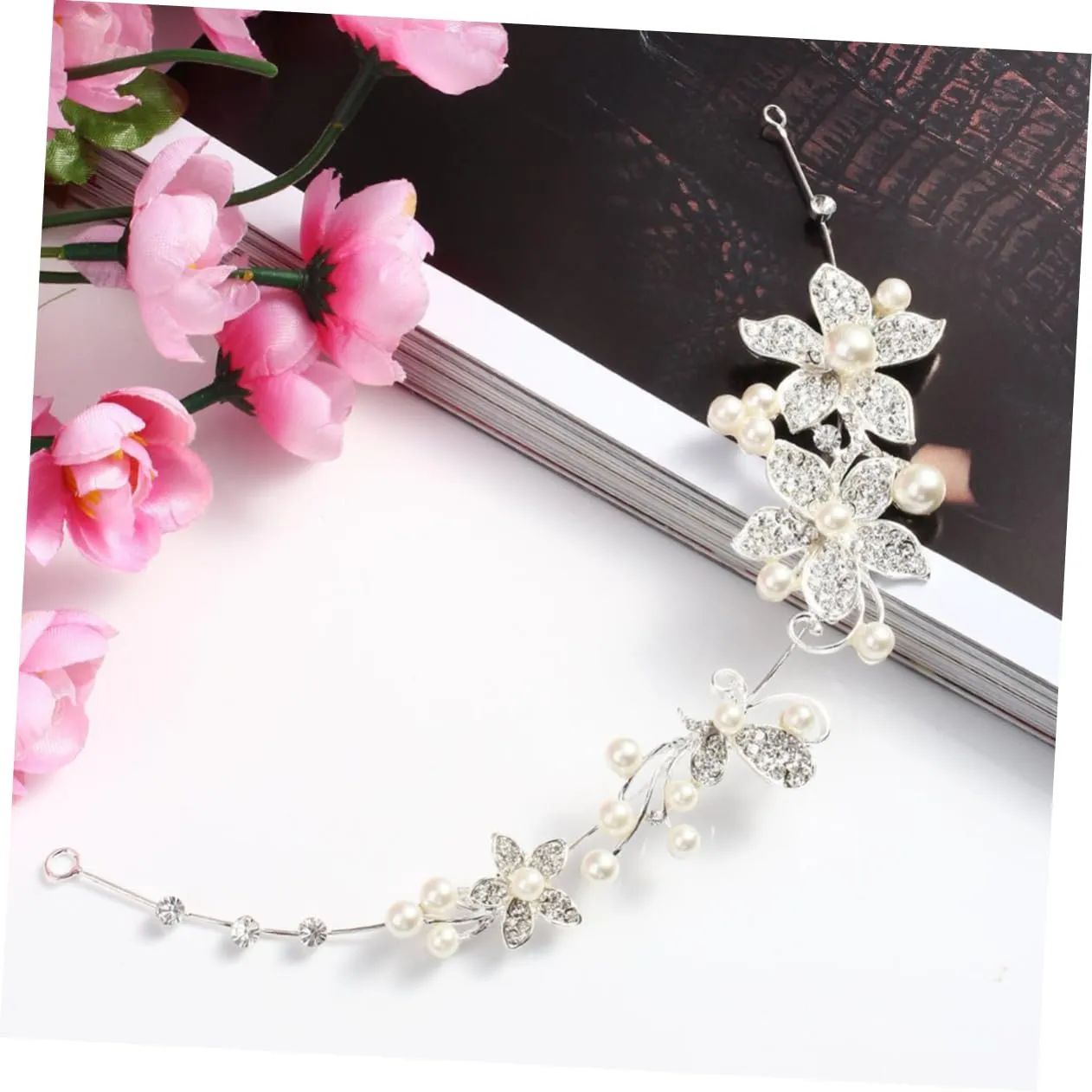 Angoily Pearl Flower Headdress Tiara Crystal Rhinestone Hair Band for Women Elegant Bridal Wedding Party Accessory