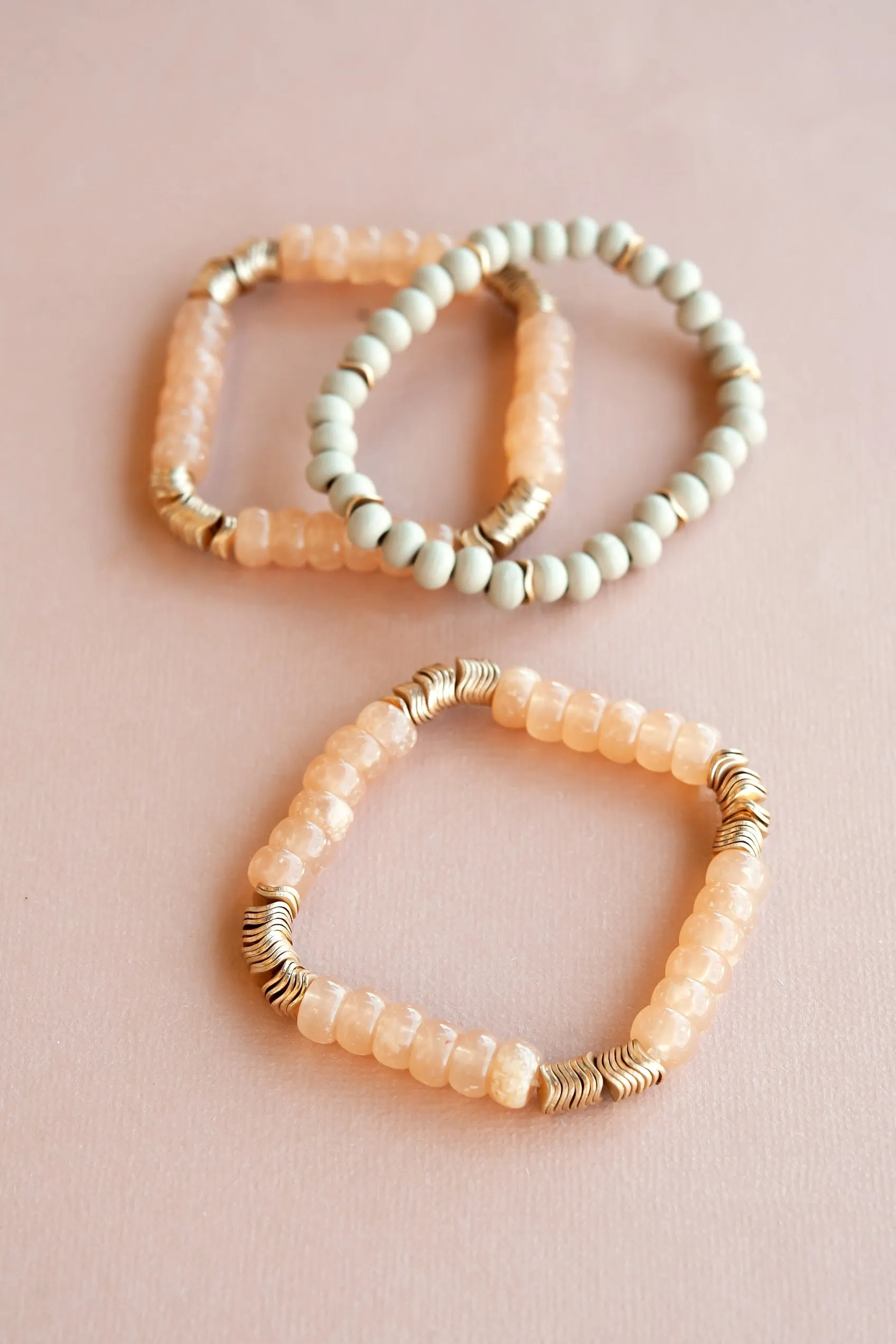 Anna Wood and Peach Beaded Bracelet Set | Boho Chic Bracelet Stack with Gold Details