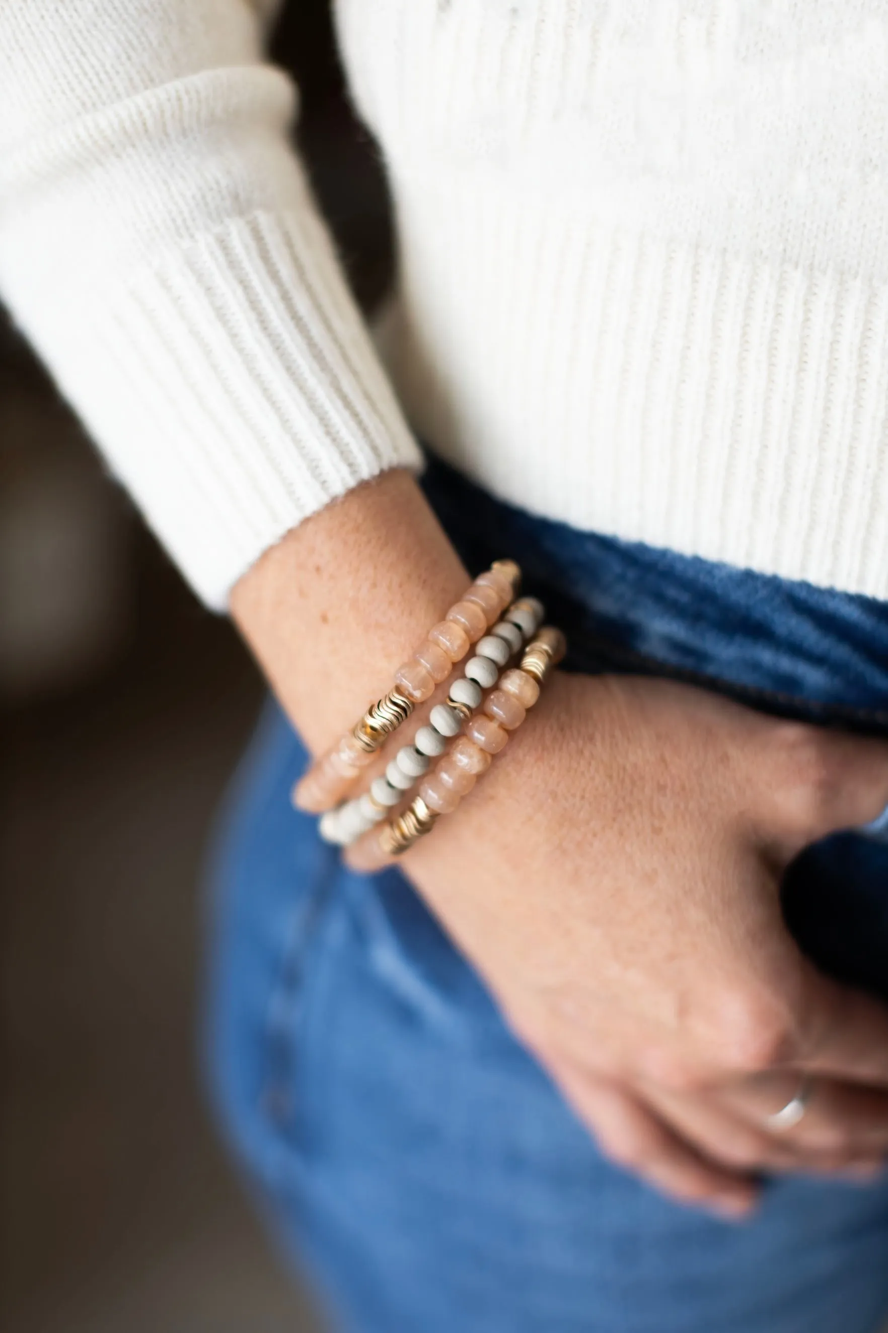 Anna Wood and Peach Beaded Bracelet Set | Boho Chic Bracelet Stack with Gold Details