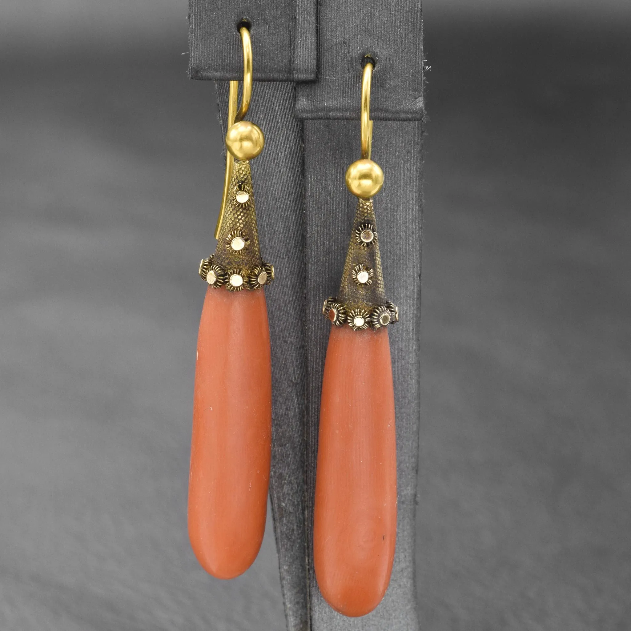 Antique 14K Yellow Gold Red Coral Beaded Necklace & Drop Earrings Set