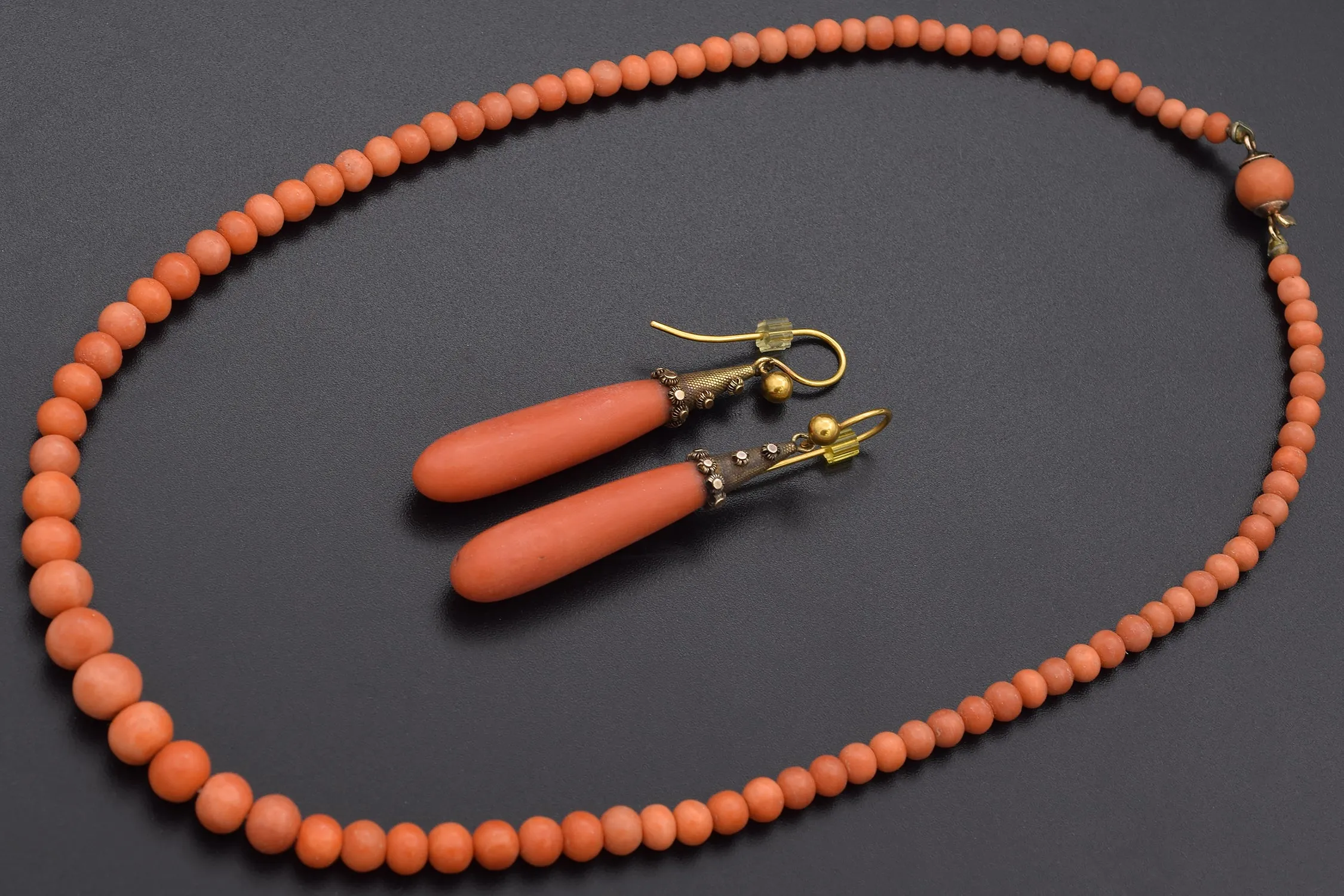 Antique 14K Yellow Gold Red Coral Beaded Necklace & Drop Earrings Set