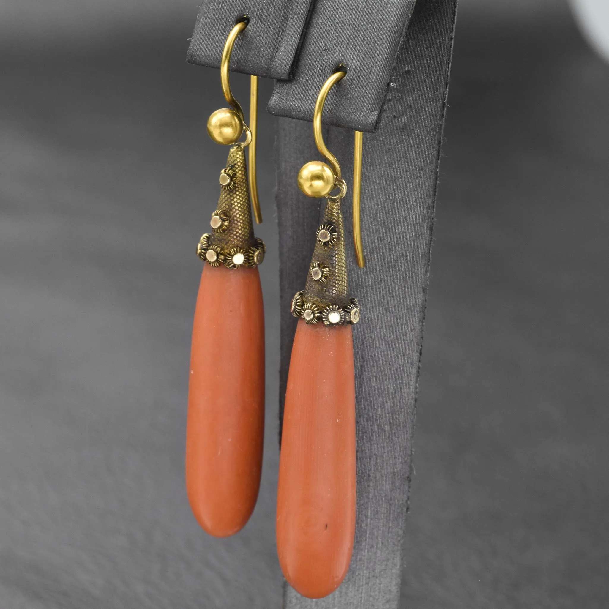 Antique 14K Yellow Gold Red Coral Beaded Necklace & Drop Earrings Set