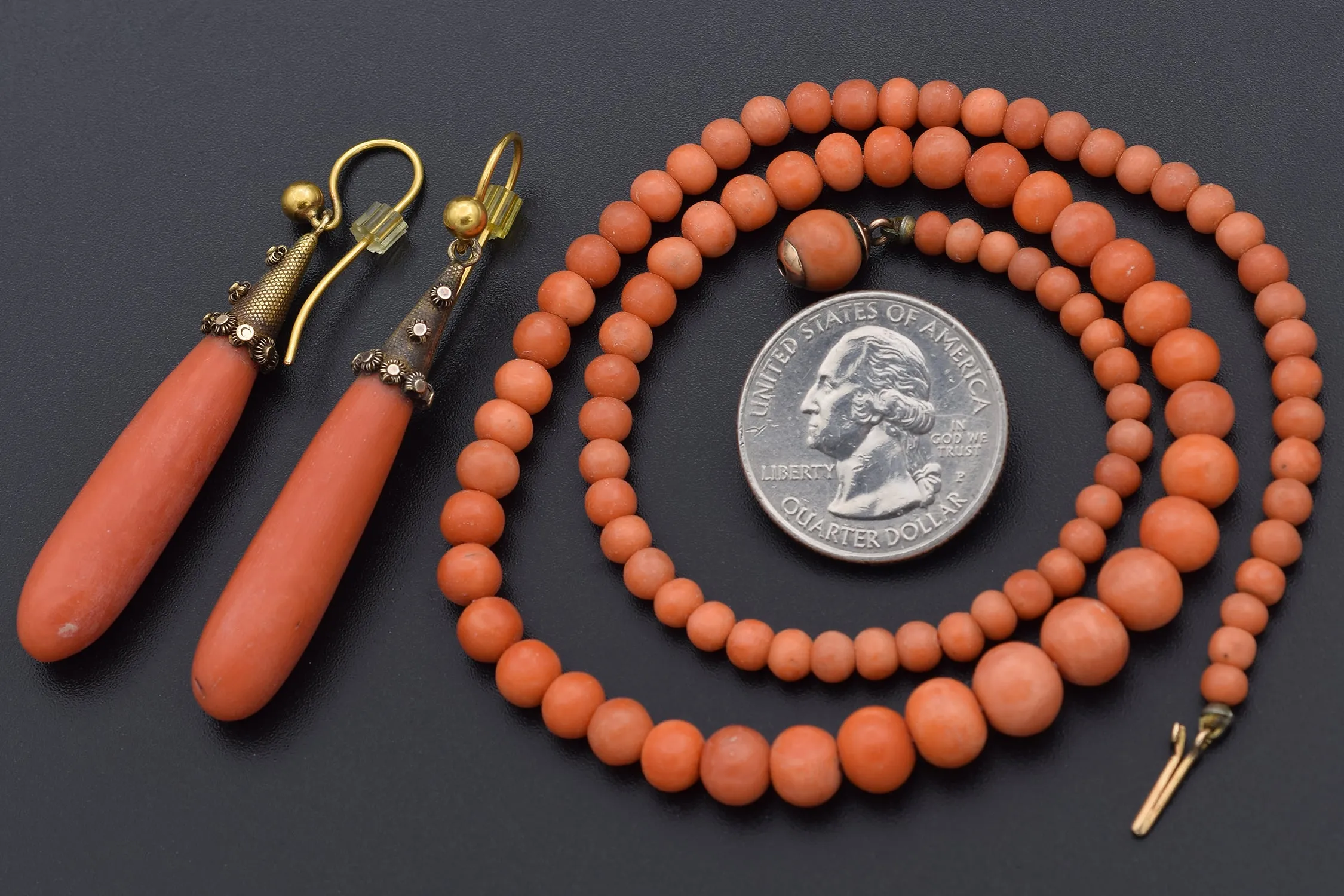 Antique 14K Yellow Gold Red Coral Beaded Necklace & Drop Earrings Set