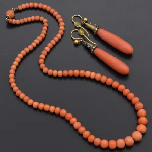 Antique 14K Yellow Gold Red Coral Beaded Necklace & Drop Earrings Set