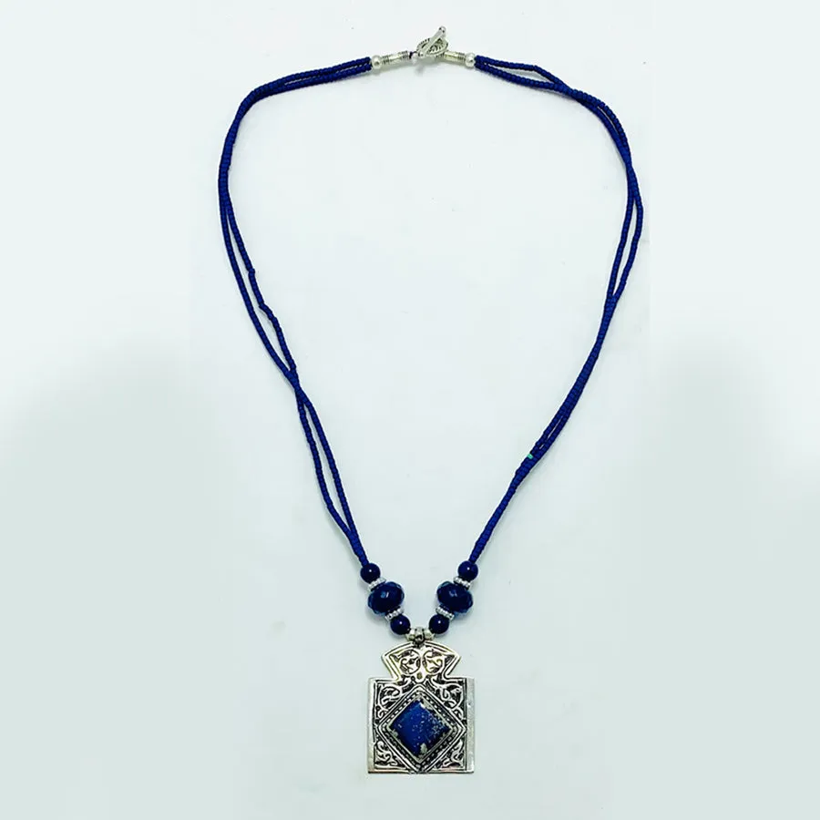 Antique Lapis Lazuli Stone Necklace Beaded Chain,