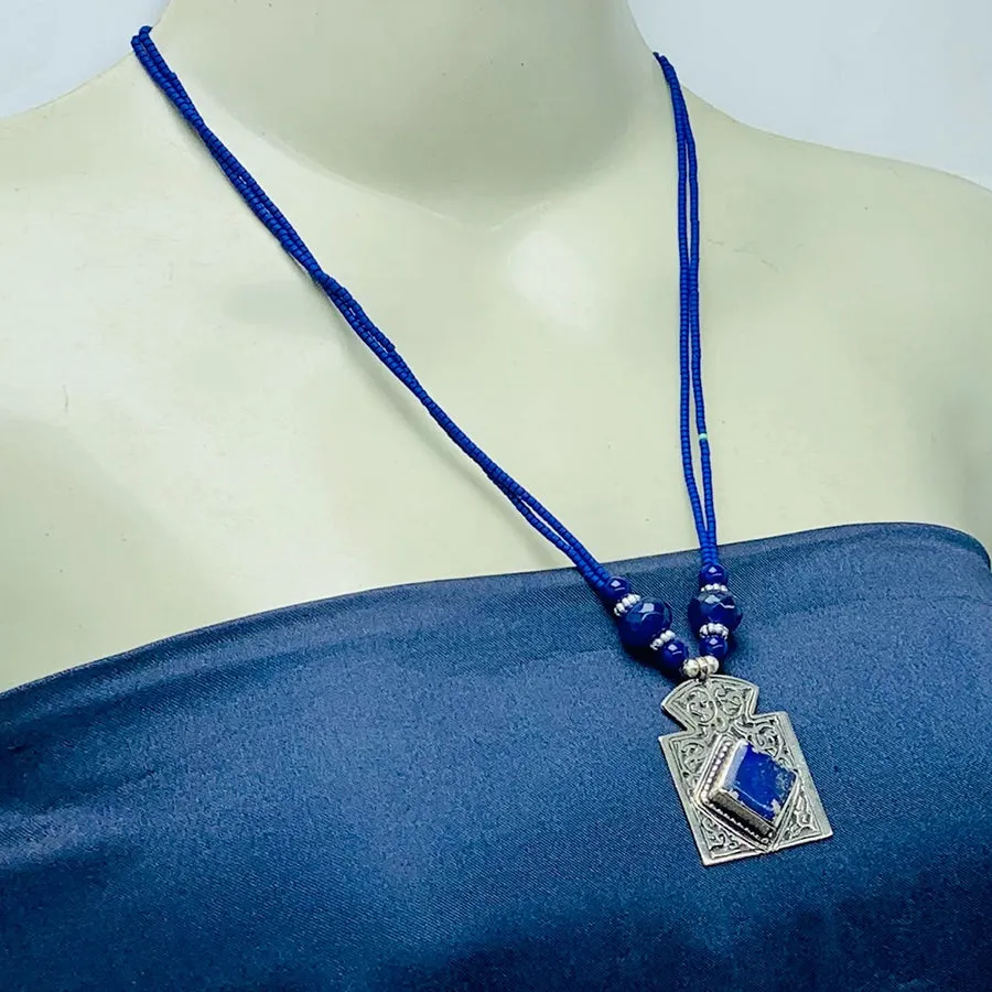 Antique Lapis Lazuli Stone Necklace Beaded Chain,