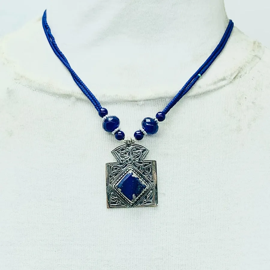 Antique Lapis Lazuli Stone Necklace Beaded Chain,