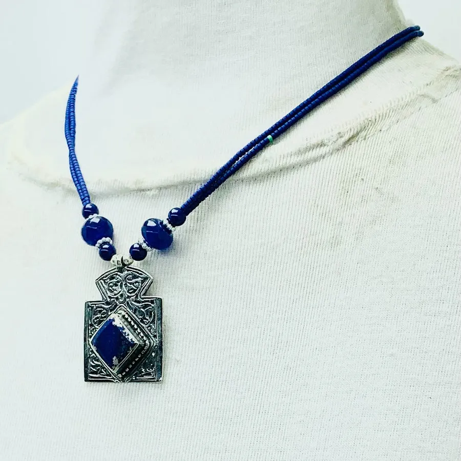 Antique Lapis Lazuli Stone Necklace Beaded Chain,