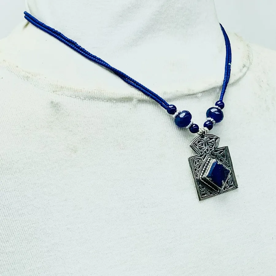 Antique Lapis Lazuli Stone Necklace Beaded Chain,