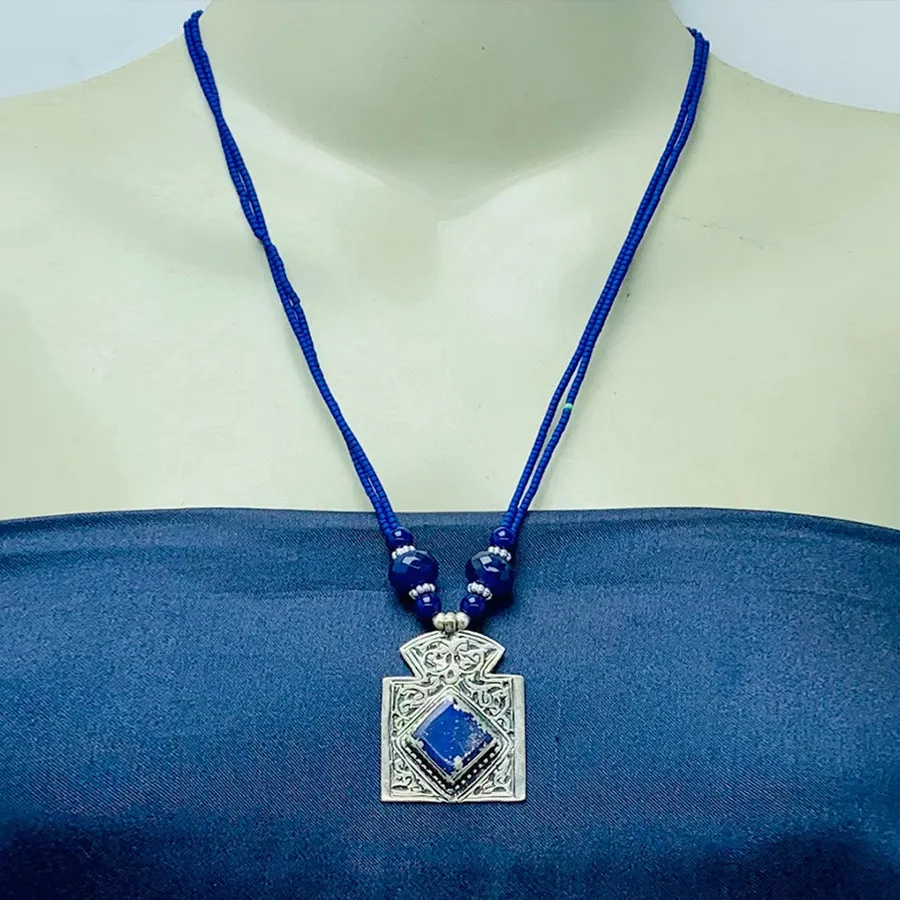 Antique Lapis Lazuli Stone Necklace Beaded Chain,