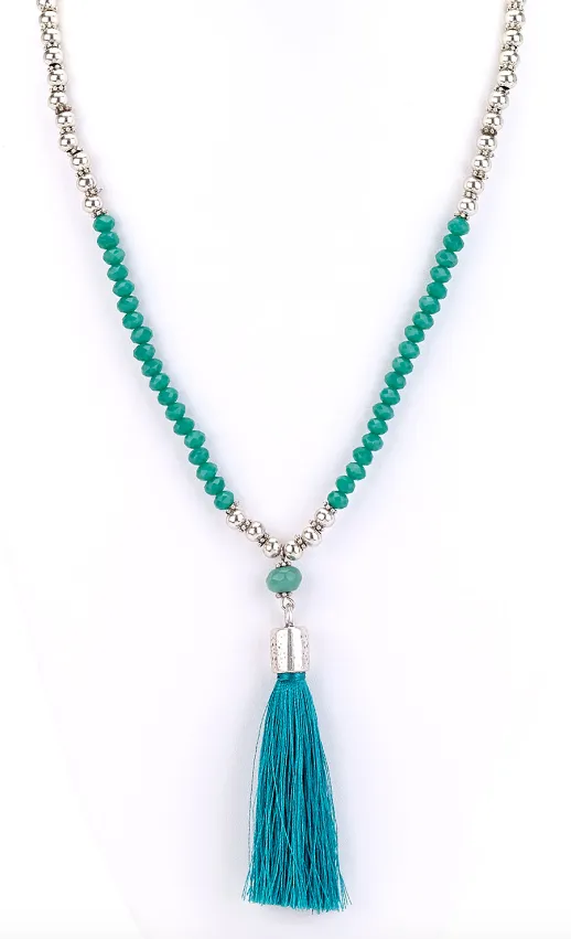 Aqua Tassel Long Beaded Necklace