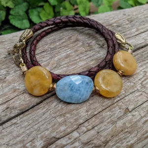 Aquamarine & Honey Jade Artisan Leather Wrap Bracelet