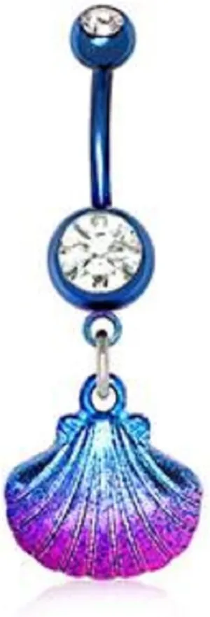 Blue PVD Plated WildKlass Navel Ring with Blue & Pink Seashell Dangle