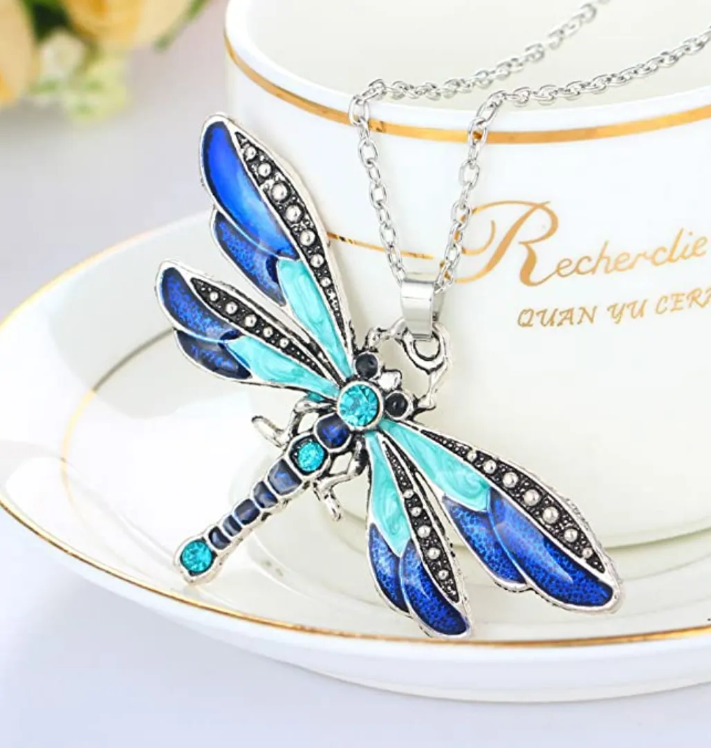 Blue Vintage Bohemian Dragonfly Pendant Necklace Dragonfly Jewelry Chain Birthday Gift 18in.