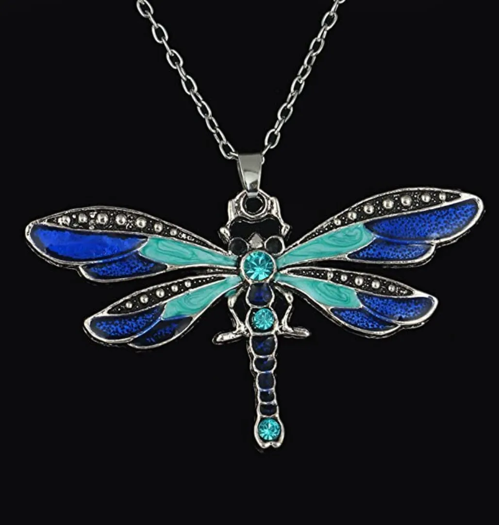 Blue Vintage Bohemian Dragonfly Pendant Necklace Dragonfly Jewelry Chain Birthday Gift 18in.